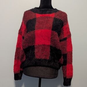 So Goods For Life Women's XL Cropped Fuzzy Crew Neck Buffalo Plaid Sweater